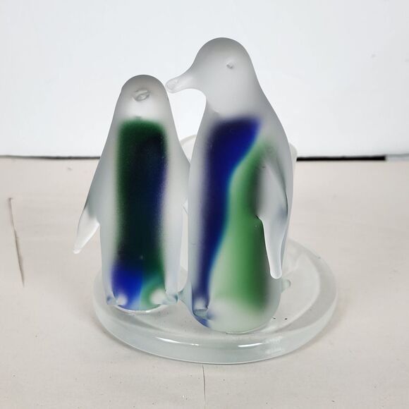 PartyLite Penguin Candle Holder P7196 Frosted Glass Votive Blue Green 5in - Picture 1 of 8